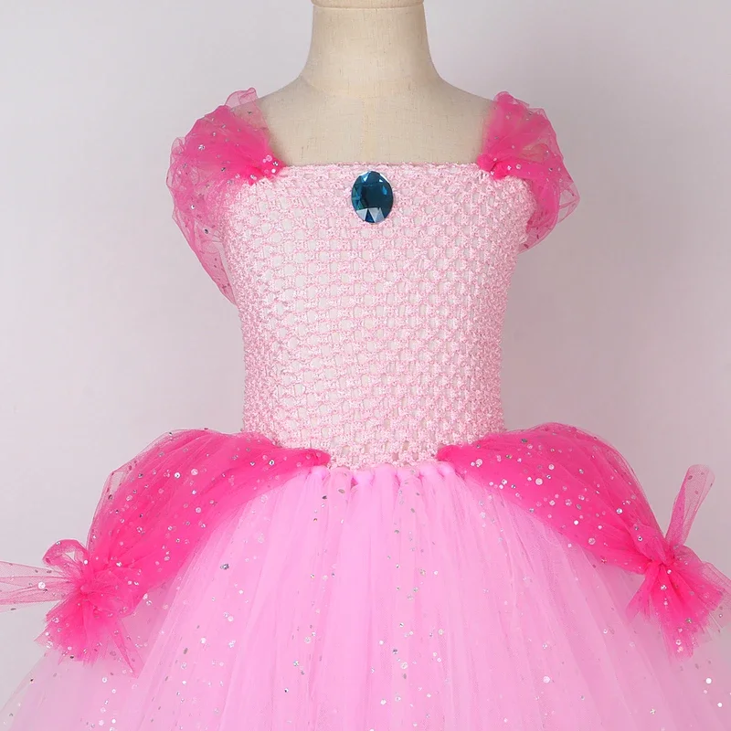 Costumi scintillanti da principessa super pesca per ragazze Scintillanti rosa Abiti foderati a figura intera Bambini Carnevale di Natale Tutù lunghi Ou @ 0Z *