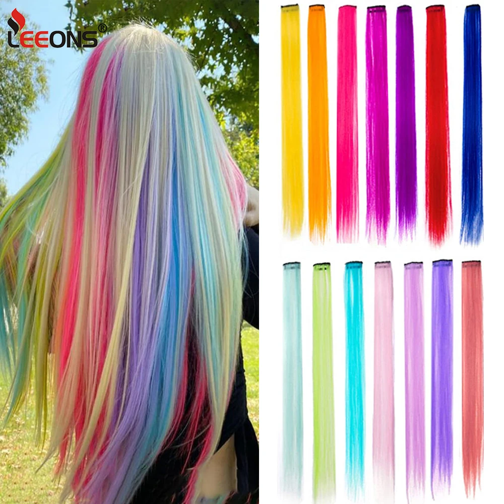 12 Packs 20 Inch Straight Multi-Colors Party Highlights Clip In Hair Extension Synthetic Rainbow Hairpieces For Girls Kids Gift
