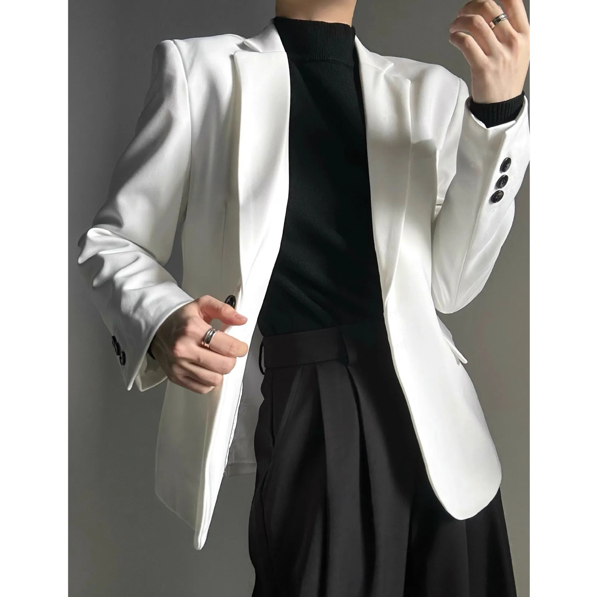 Spring Autumn New Fashion Men White Solid Color Casual Business Simple Basic Daily Single Button Long Sleeve Suit Blazers Coats