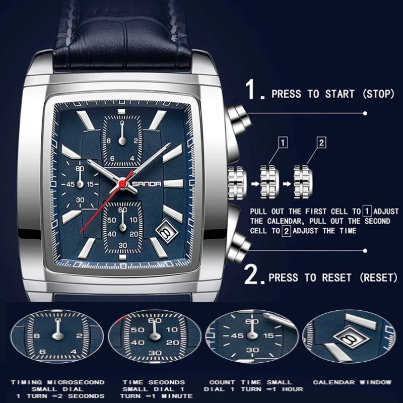 SANDA 5303 Rectangular Dial New Design Soft Leather Strap Waterproof Quartz Movement Business Watches for Men Relogios Masculino