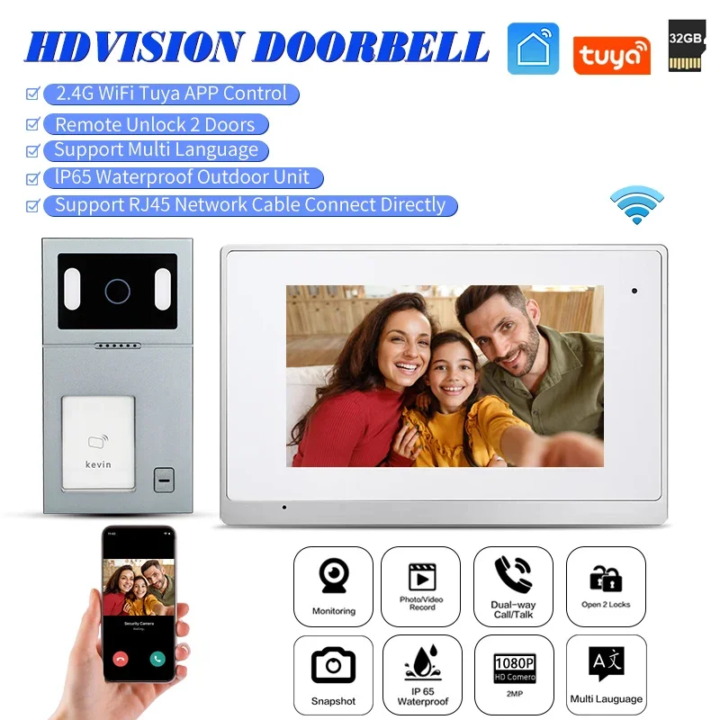 

Best Wifi Tuya 7'' Touch Screen Video Doorbell Intercom Network RJ45 Interface HD 1080P Camera Support IP65 Waterproof Cover