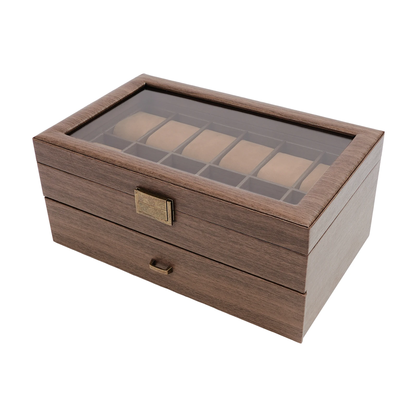 Image of 24-Fächer Uhrenbox, Doppelschichtig, Holzoptik PU-Leder Schmuckorganizer, Glasvitrine mit weichen Kissen, rostfreie Metallscharniere, geeignet für die Aufbewahrung und als Geschenk für Herren- und