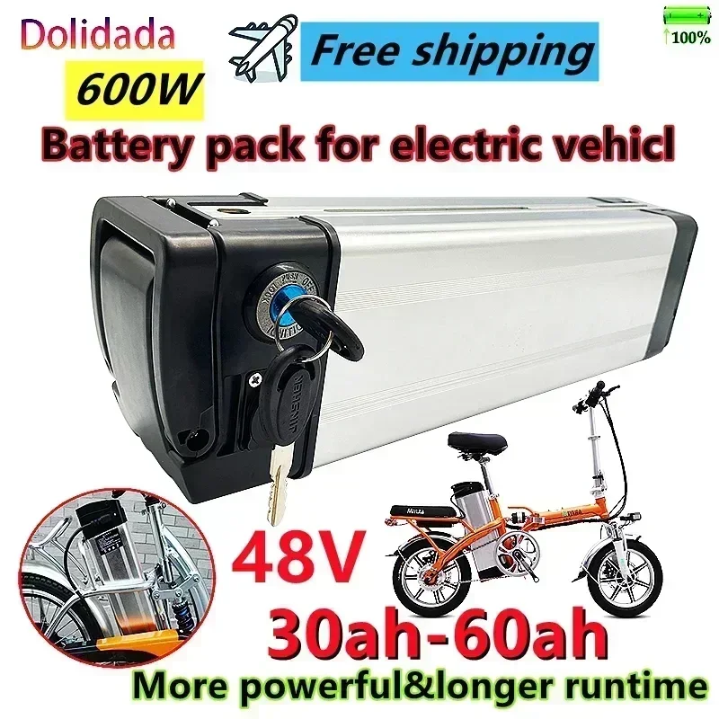 2024 Bestselling 48V 30ah 40ah 50ah 60ah Silver Fish Style  Bike Battery 48V Lithium Battery with Aluminum Case Anti-theft Lock