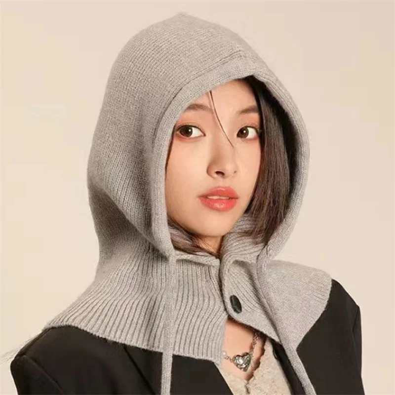 Autumn and Winter Woolen Hat  Scarf Women'S Dual-Use Thick Neck Cover  Warm Pure Color Knitted Ear Protection Neck Hooded