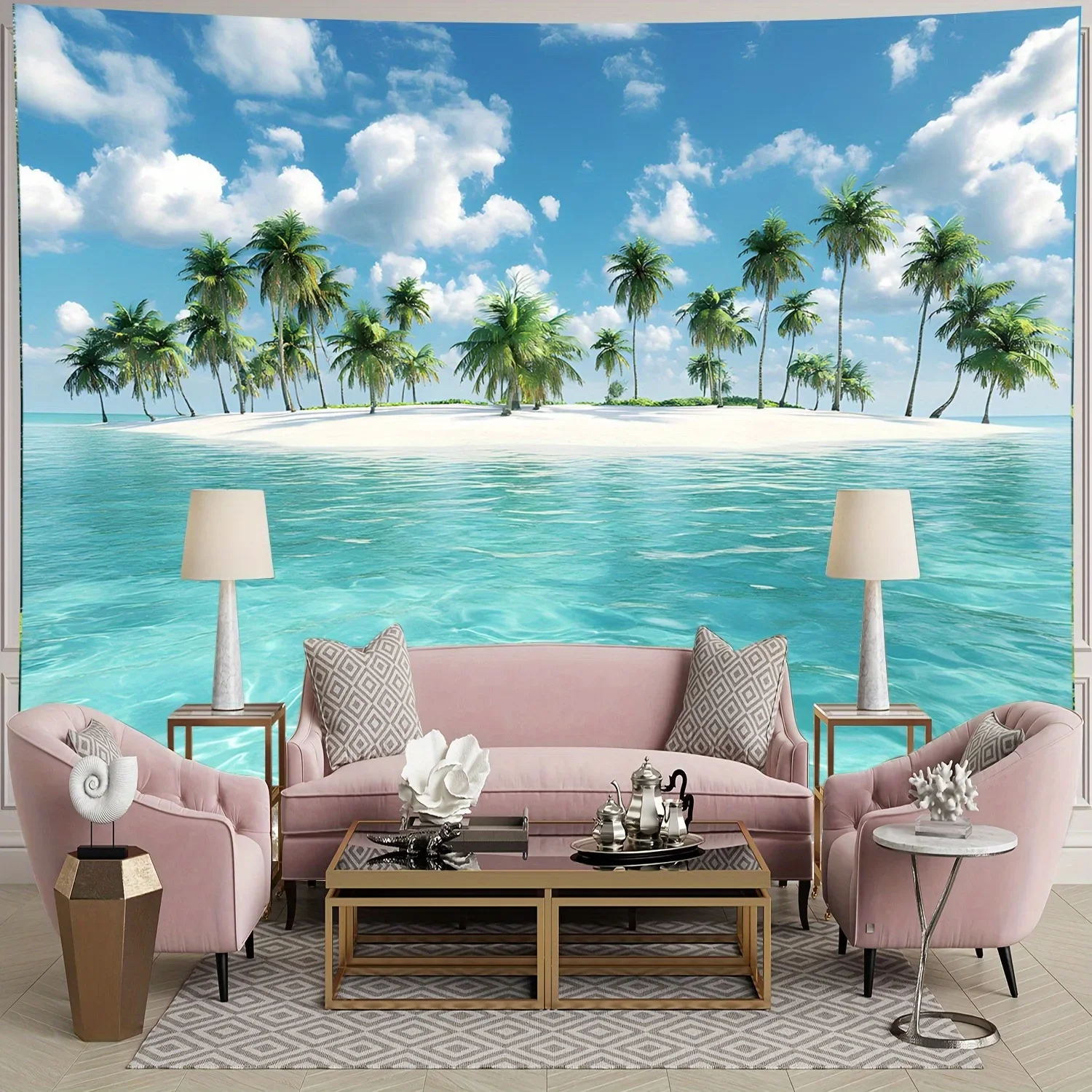 2D Flat Ocean Beach Landscape Tapestry Oversized Living Room Bedroom Office Party Decor Photo Background Art Wall Decor view 5