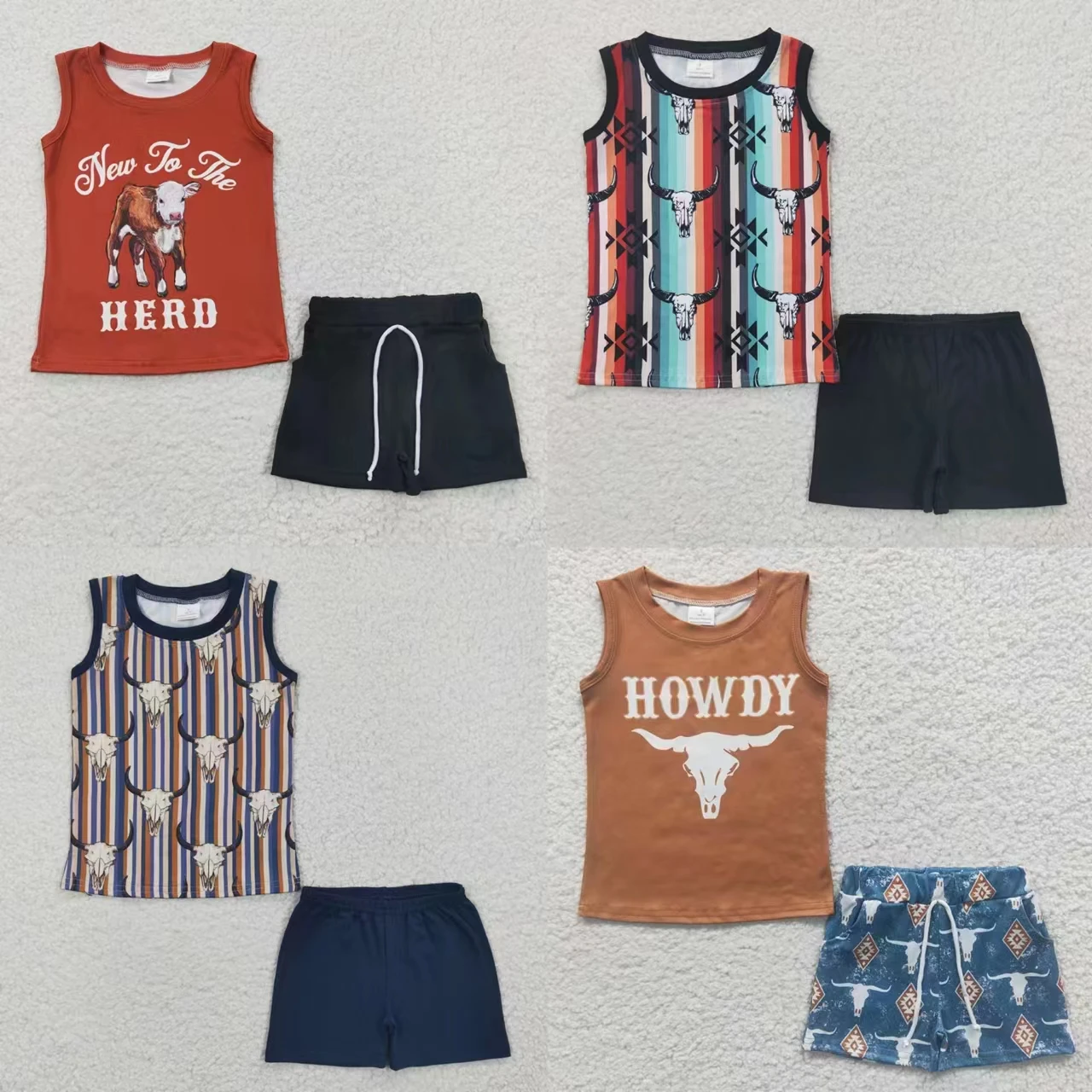 

Wholesale Baby Boy Summer Western Cow Print Set Children Sleeveless Shirt Toddler Infant Cotton Pocket Shorts Kid Striped Outfit