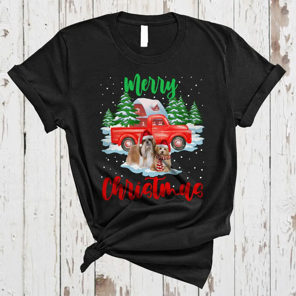 

Merry Christmas Cute Christmas Santa Shih Tzu Dog Red Truck Family Group T-Shirt Men's and women's T-shirts