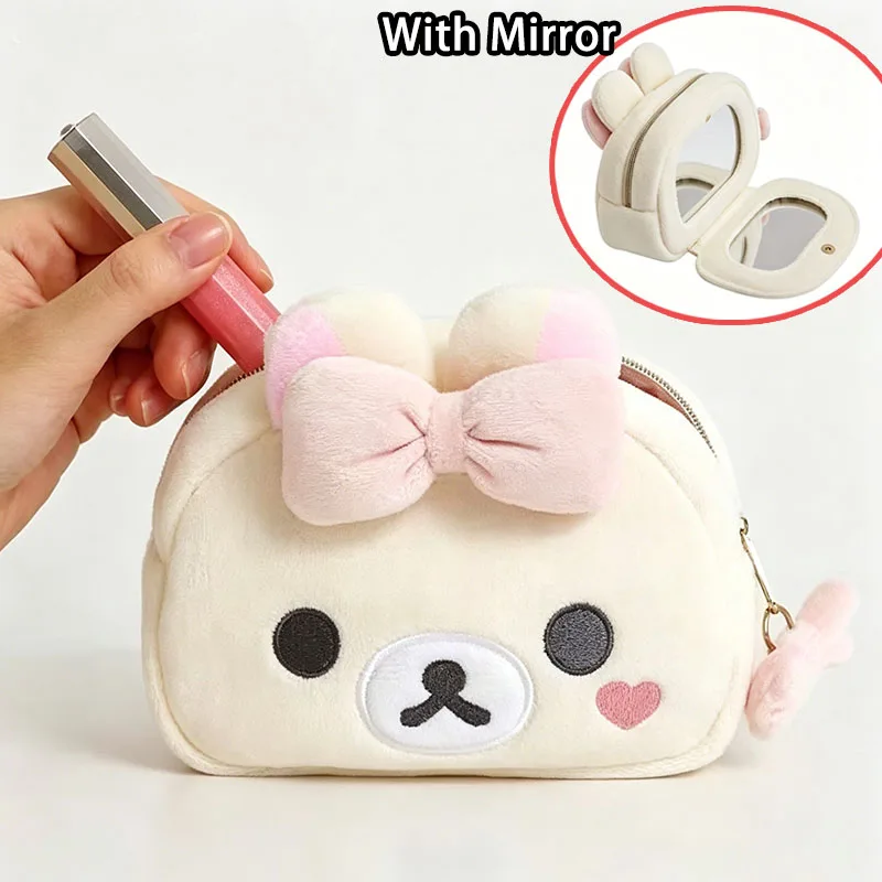 Rilakkumas Bär Kosmetiktasche mit Spiegel, Cartoon Korilakkuma Schleife, Plüsch-Aufbewahrungstasche, Organizer, Kawaii, süße Reise-Kosmetiktasche, Beutel – Detail 1