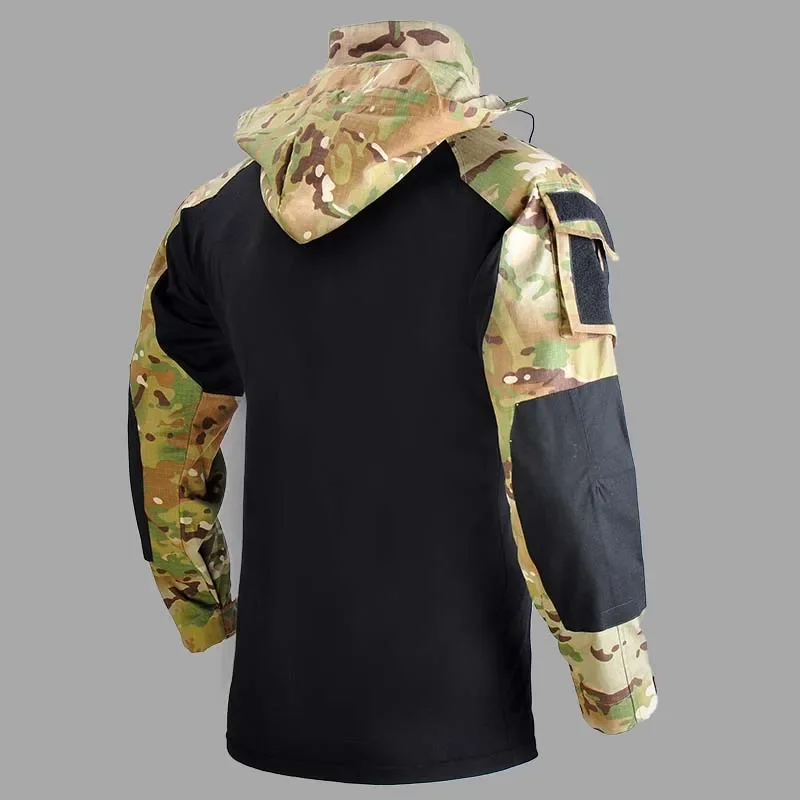 Outdoor Shirts Camo Combat T-Shirt Hooded Men Tactical Shirt Wear Resistance Airsoft Paintball Camping Hunting Clothing