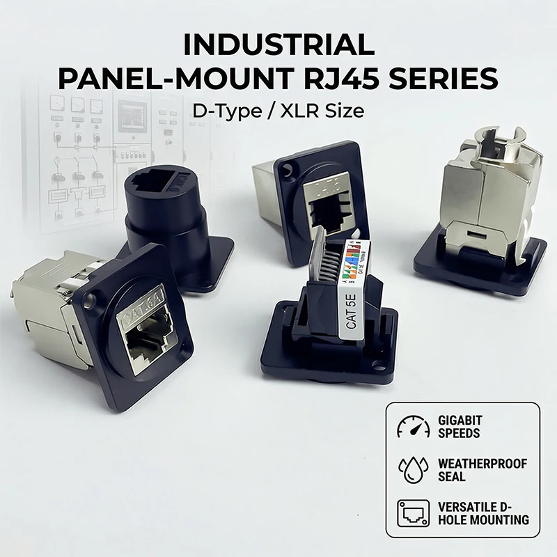 Heavy-Duty D-Type RJ45 CAT5e/CAT6 Panel Mount Jack Gold-Plated Contacts, EMI Shielded Network Connector for Data Center, Telecom