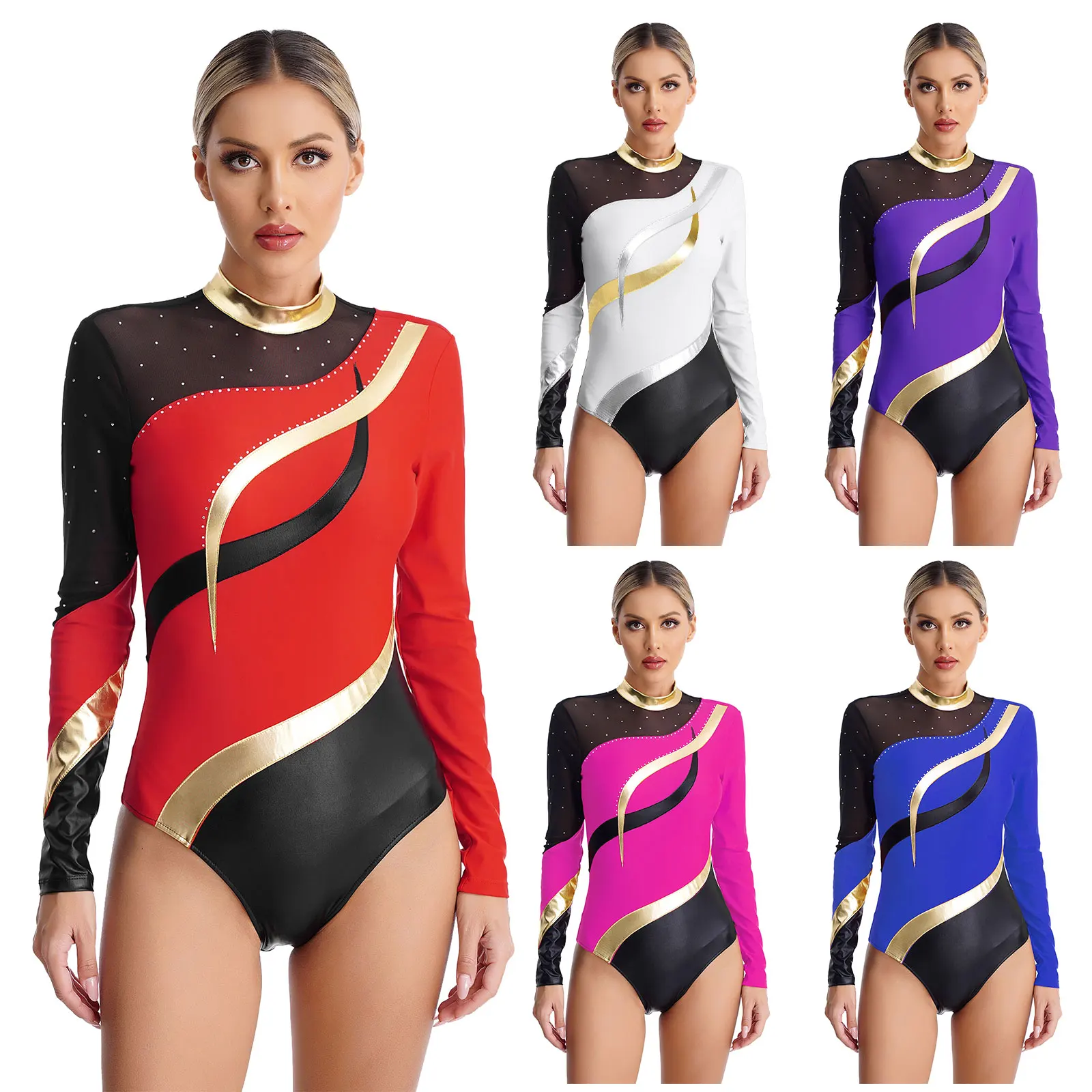 Womens Ballet Gymnastiek Dance Turnpakje Sprankelende Strass Mock Nek Lange Mouw Bodysuit Figuur Schaatsen Performance Kostuum