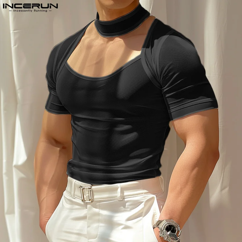 INCERUN Men T Shirt Solid Mesh Transparent Turtleneck Short Sleeve Men Clothing 2024 Streetwear Hollow Out Fashion Camsietas