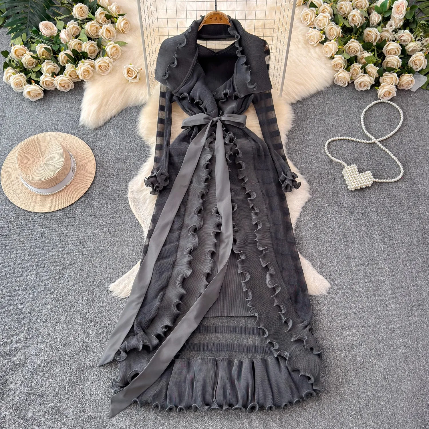 High End 2 Piece Set Spring AUtumn Women Miyake Pleated Casual Loose Ruffles Belt Party Sweet Dresses +V Neck Tank Suits