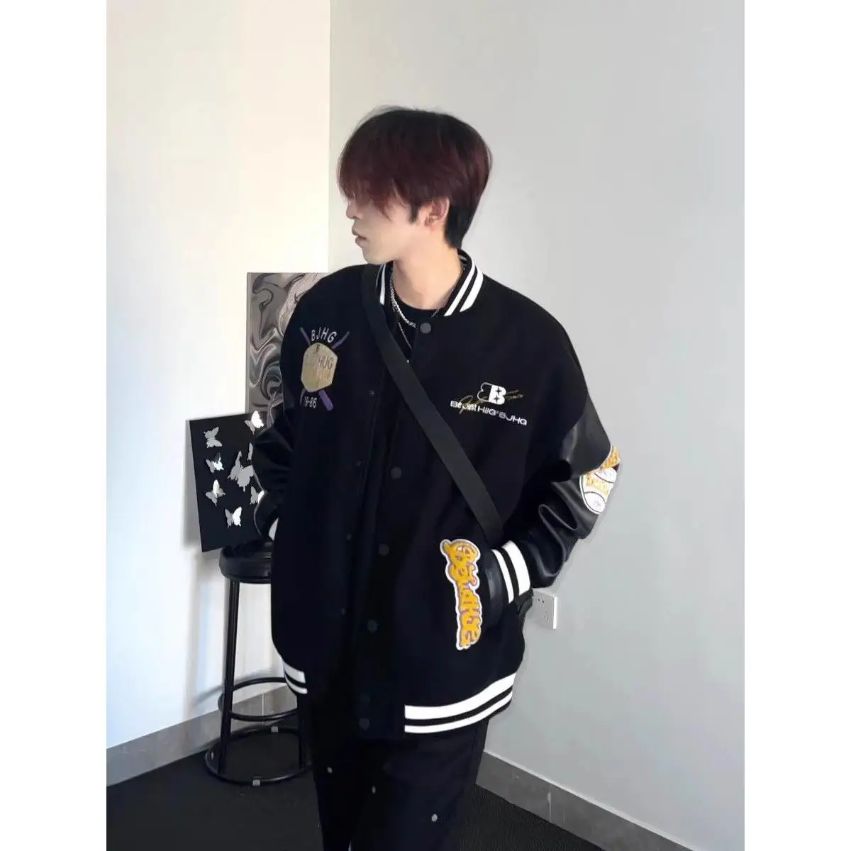 

American Sle Baseball Jaet Men's Loose Streetwear Jaet Retro Embroidery Outerwear Autumn Winter Stand Fit Polyester