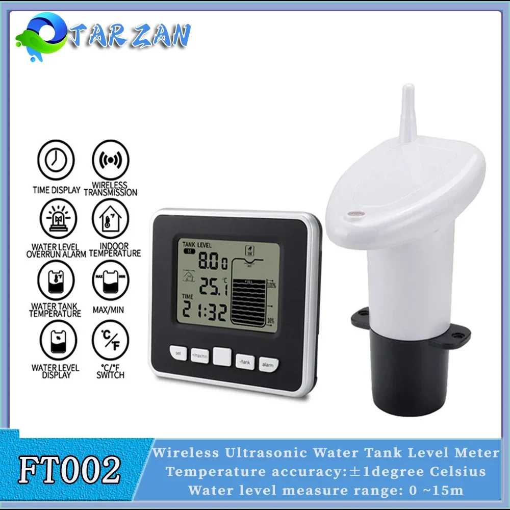 Wireless Ultrasonic Water Tank Level Meter Sensor Temperature Display Time Transmitter Receiver Liquid Depth Measuring Device