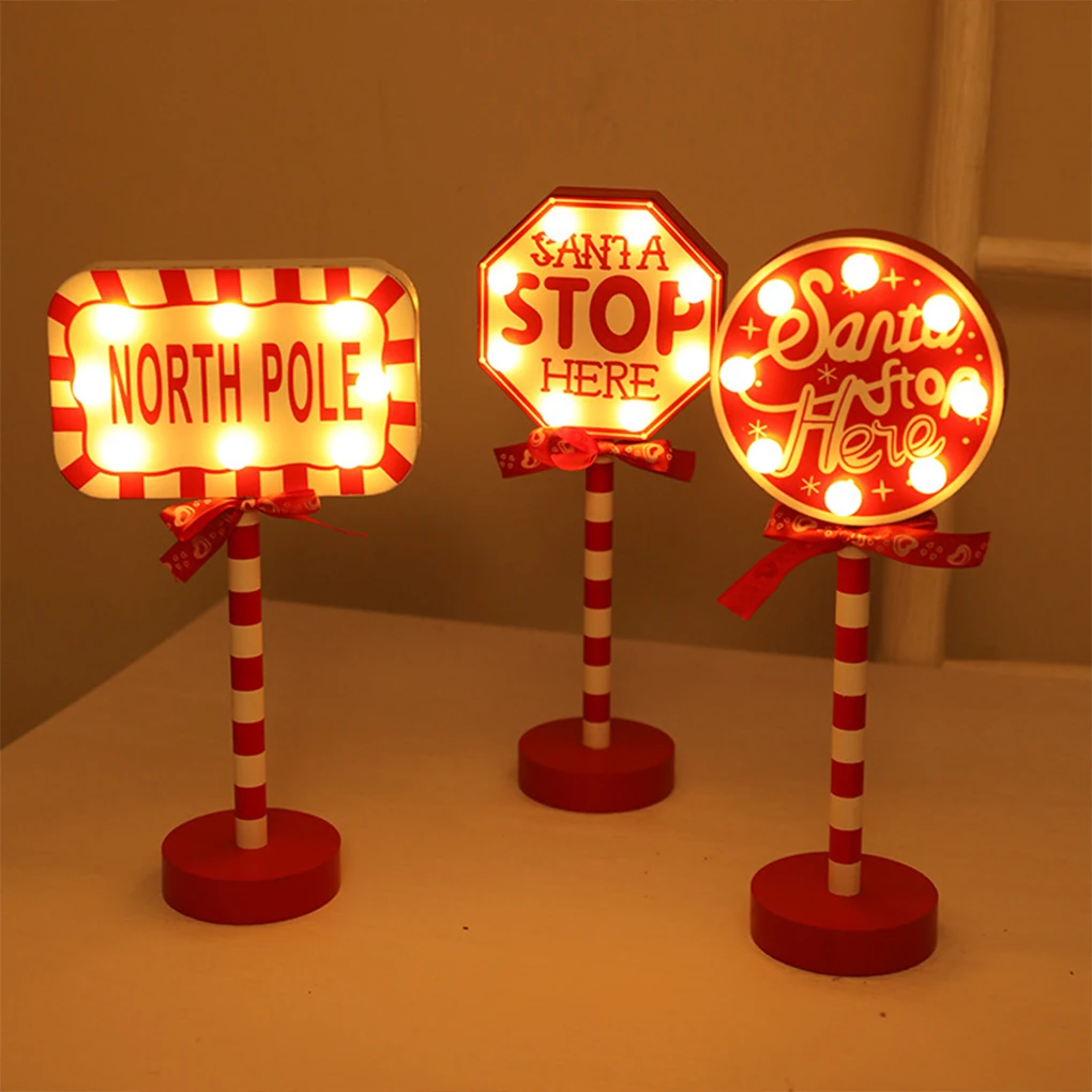 Christmas Street Sign Light With Bowknot Santa Stop Here North Pole Letter Xmas Decor Vintage Desktop Guideboard LED Lamp