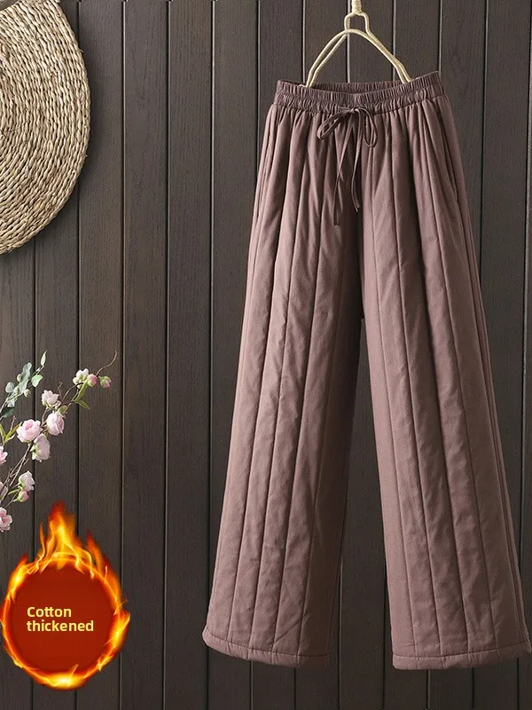 

Retro Thiened Cotton Lined Winter Pants for Women Warm Wide Leg Trousers High Waist Straight Cut Daily Wear plus Size