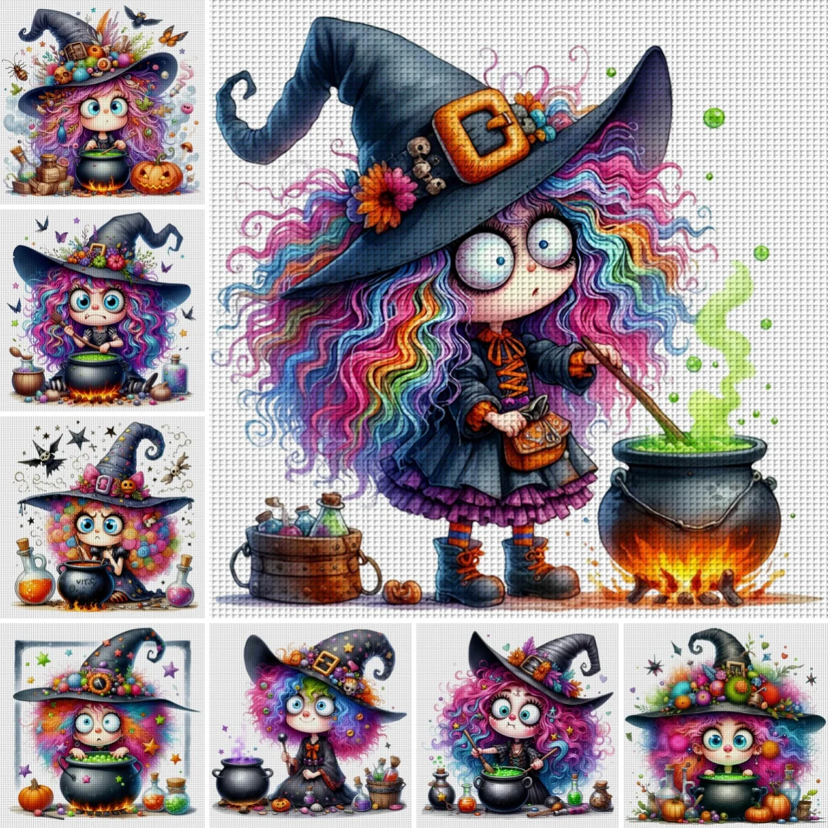 Buntes Haar-Hexe-Thema Kreuzstich-Set DIY 11CT Stickerei DIY Kreuzstich-Set für Wanddekoration zu Hause und Geschenke Handgemachte Materialien Rahmenlos 36X36cm/14.17x14.17in