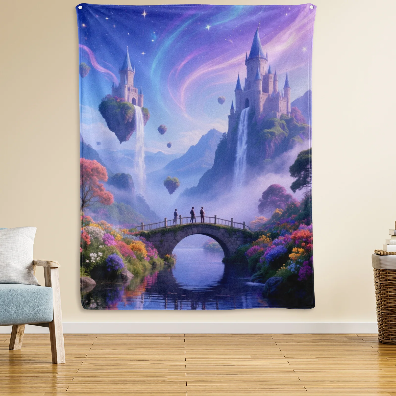 

Fairy Tale Castle Tapestry Pink Purple Waterfall Decor Blanket for Home Dreamy Starry Sky and Island Background of Ancient Style