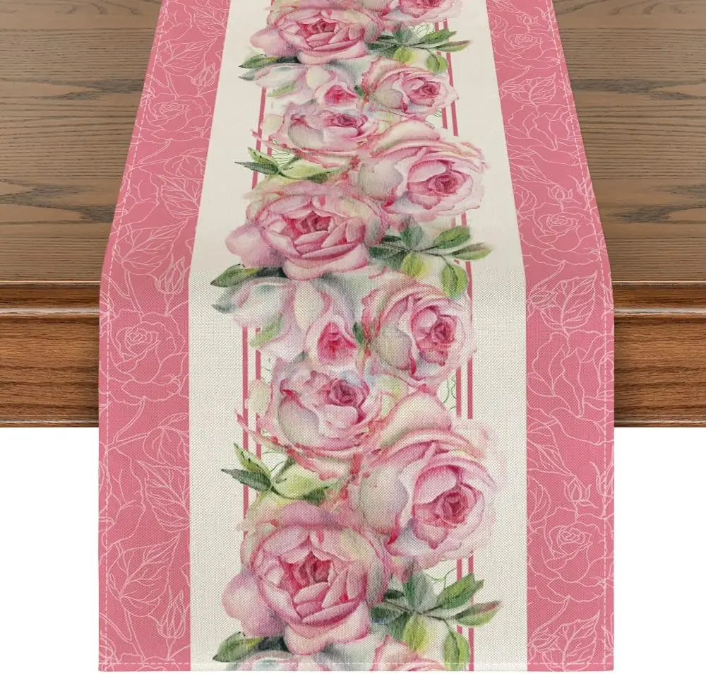 Pink Watercolor Rose Table Runner Seasonal Kitchen Dining Tablecloth Indoor Home Decoration Tablecover For Mother Day's Gift