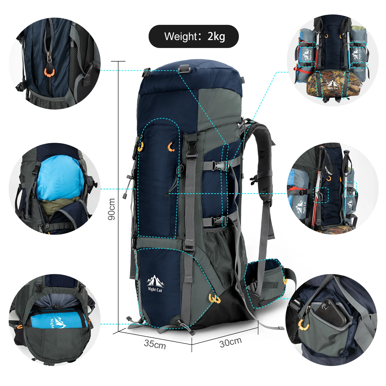 Night Cat Camping Backpacks 90L with Internal Frame Hiking Backpack for Men Women Waterproof Lightweight Breathable Outdoor