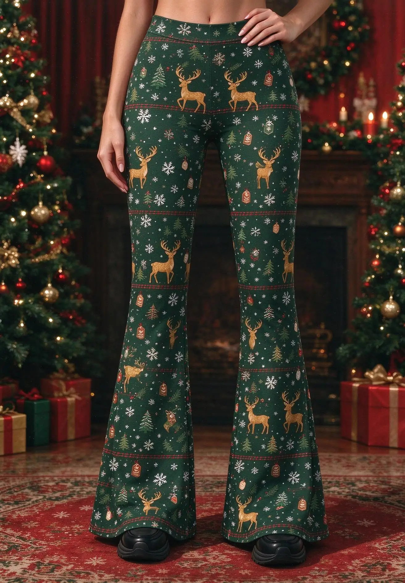 Women Mid Rise Skinny Flare Pants Christmas Knit Style Snowflake Candy Cane Print Green Stretch Bell Bottom Trousers