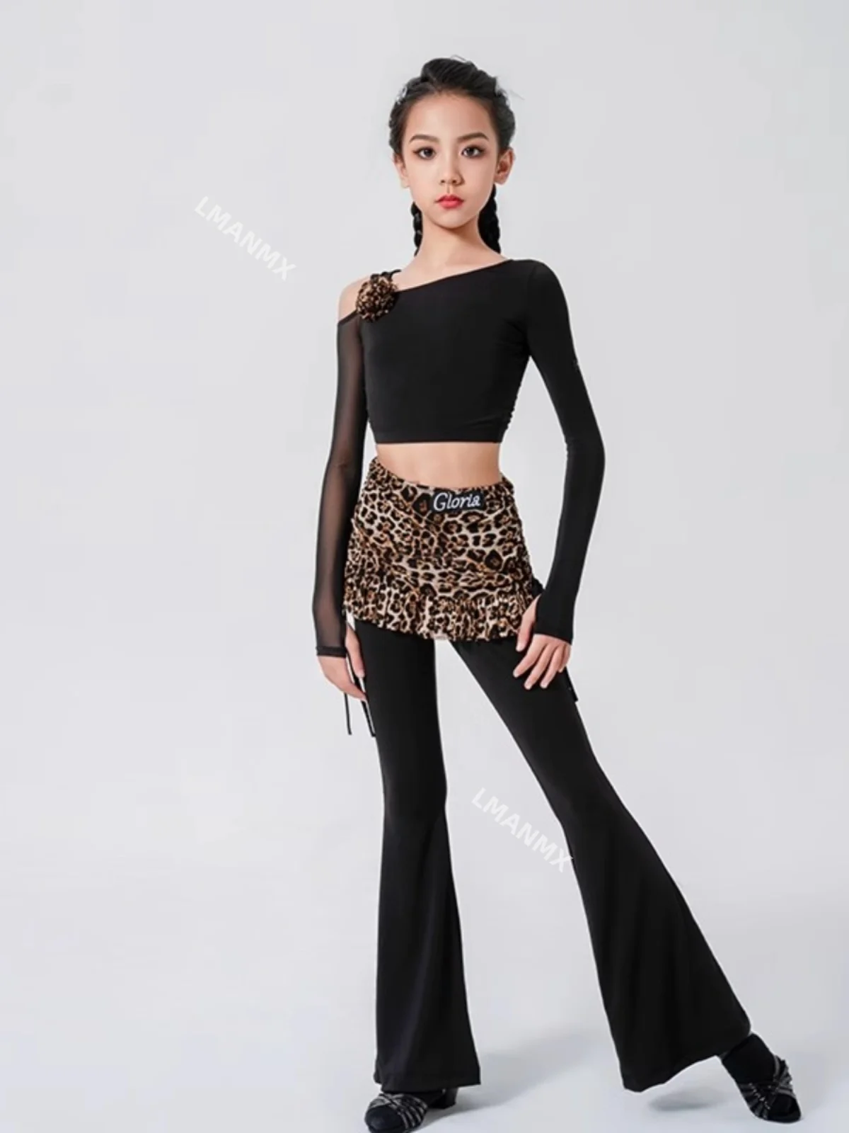 

Новое зимнее платье для латинских танцев, топ с открытыми плечами для девочек, юбка, брюки-труба, комплект тренировочной униформы