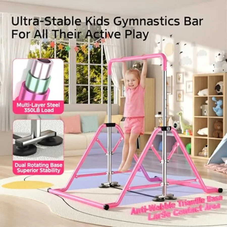 Expandable Gymnastics Kip Bar - Upgraded Dual Base Folding Adjustable Height 44''-60'' 350LBS Weight Limit Anti-Slip Suction Fe