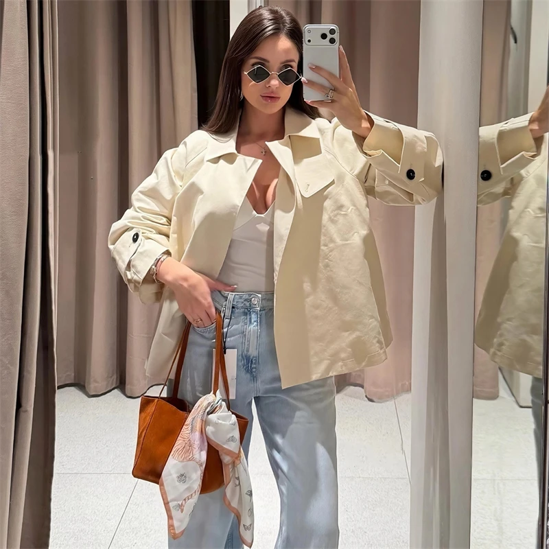 Guobioziy Women's Fashion Short Trench Coat 2026 Spring-Autumn Solid Color Button European-Style Casual Trendy Everyday Commuter