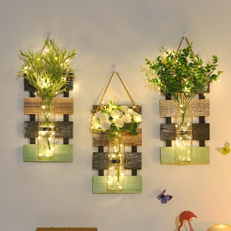 

Creative wooden background hydroponic wall hanging creative plant vase green dill container living room wall decoration pendant