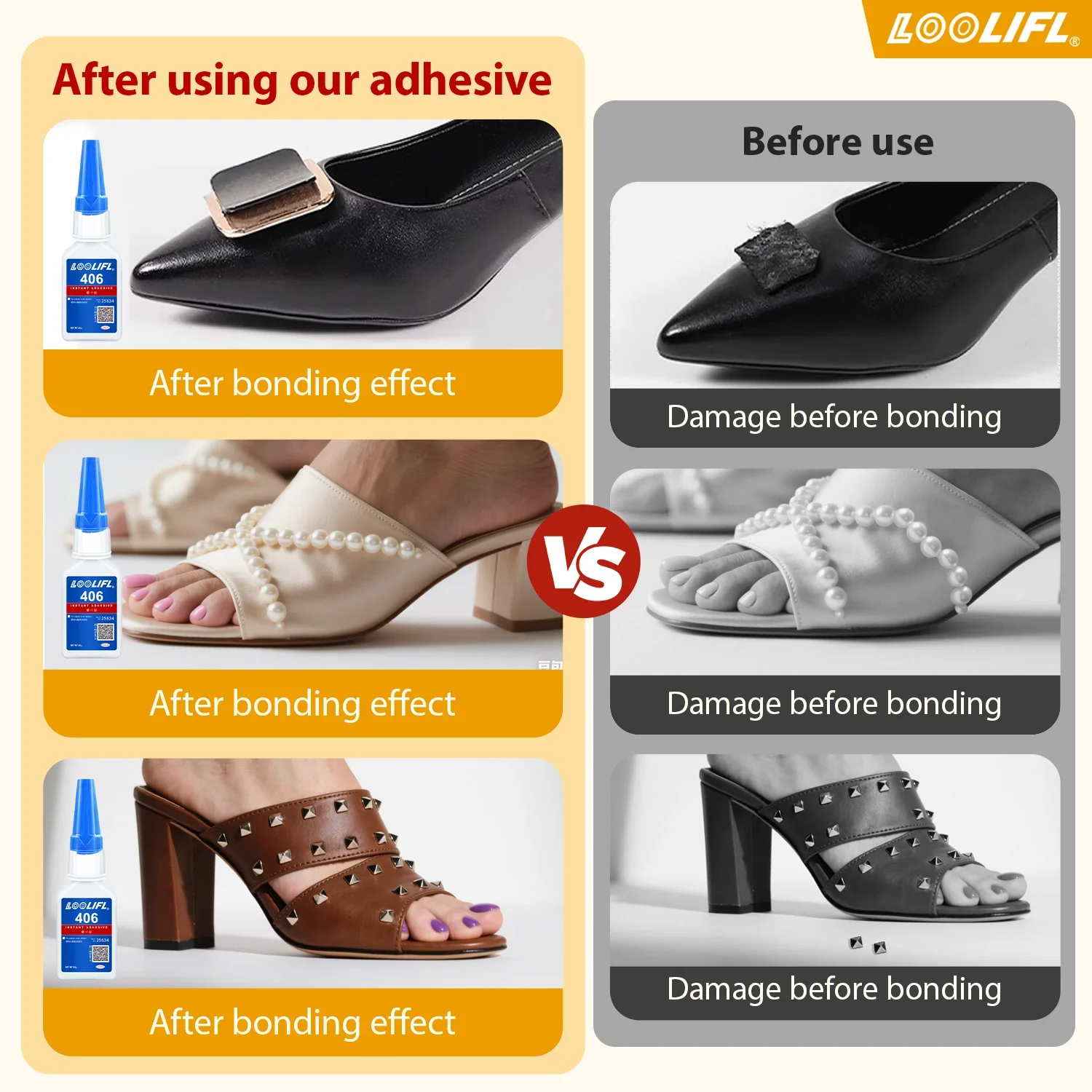 LOOLIFL 0.7oz 406 Super Schoenlijm, Instant Lijm voor Schoenmakers, Instant Lijm voor Alle Schoenreparaties, Krachtige Hechtende Vloeibare Lijm, Gratis Precisie Verdeler.