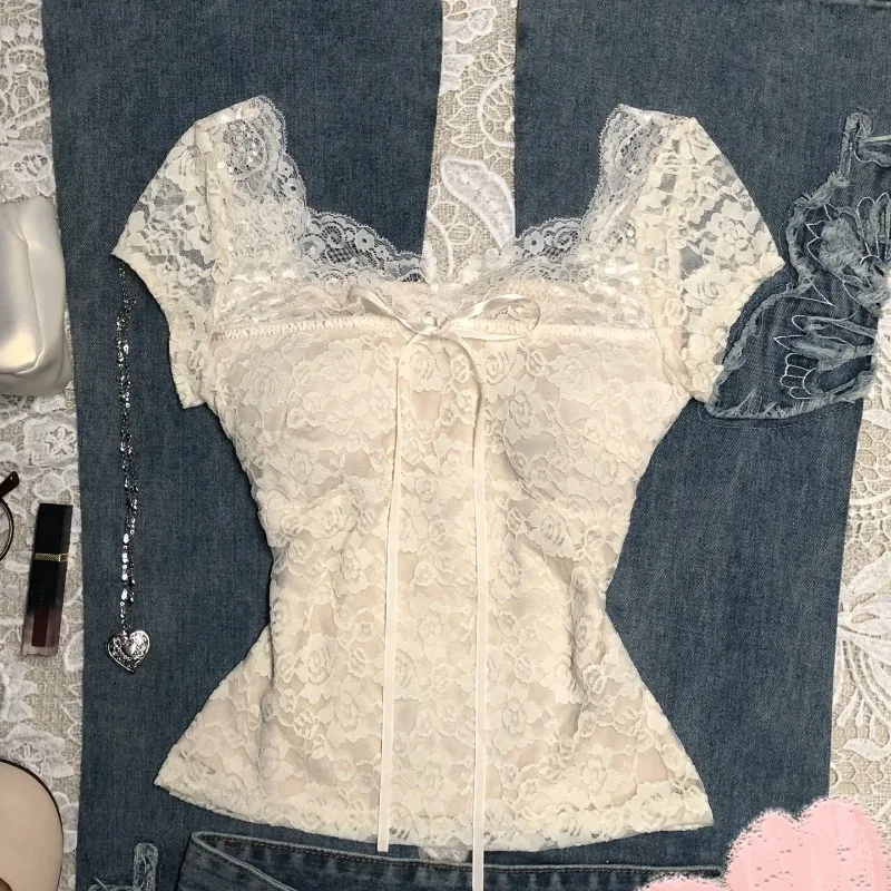 

Summer Vintage Apricot Lace Blouse Women Elegant Sweet Bow Slim Fit Tops Female Retro Chic Y2K Fashion Casual Sweet Tees New