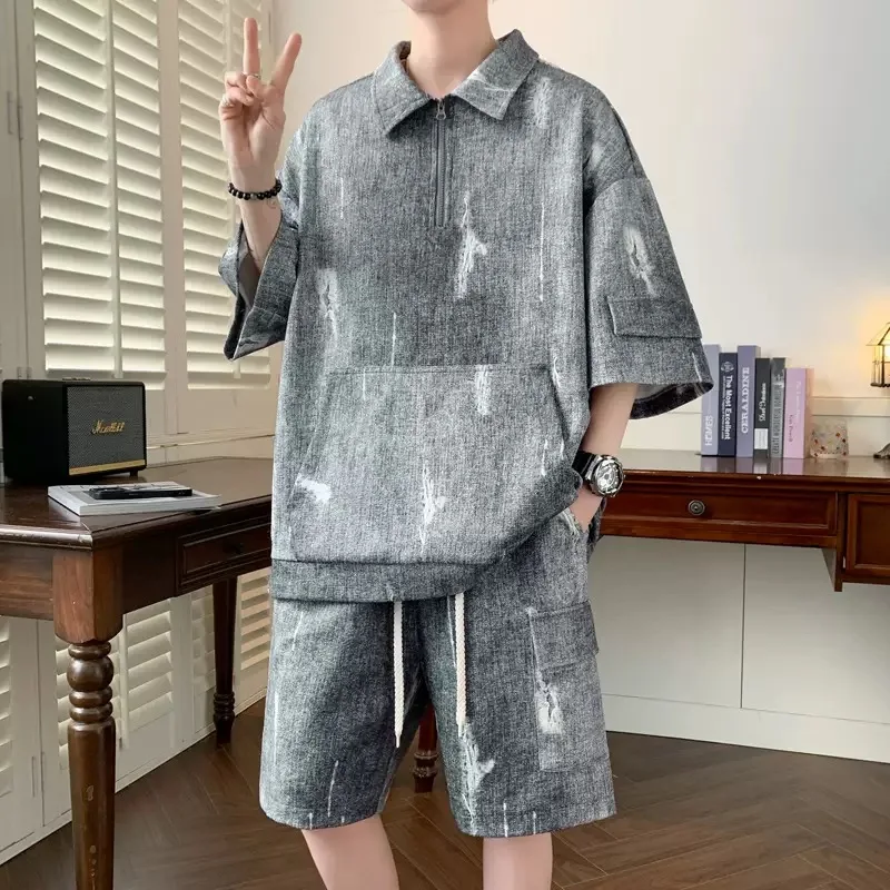 

New Summer Fashionable American Retro Short Sleeve Polo Shirt Sports Set Men's Casual Loose Plus Size High Quality Two-Piece Set