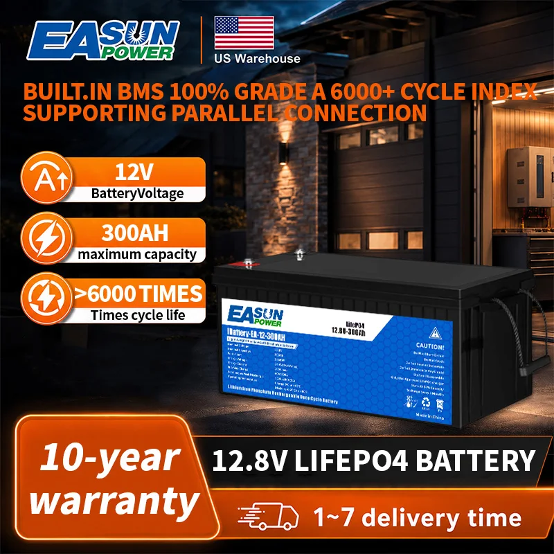 Easun Power Lifepo4 Battery 12V 300Ah Grade A 12.8V Cell Parallel and Customizable BMS+2000 Cycle Life America Stock For Home Storage