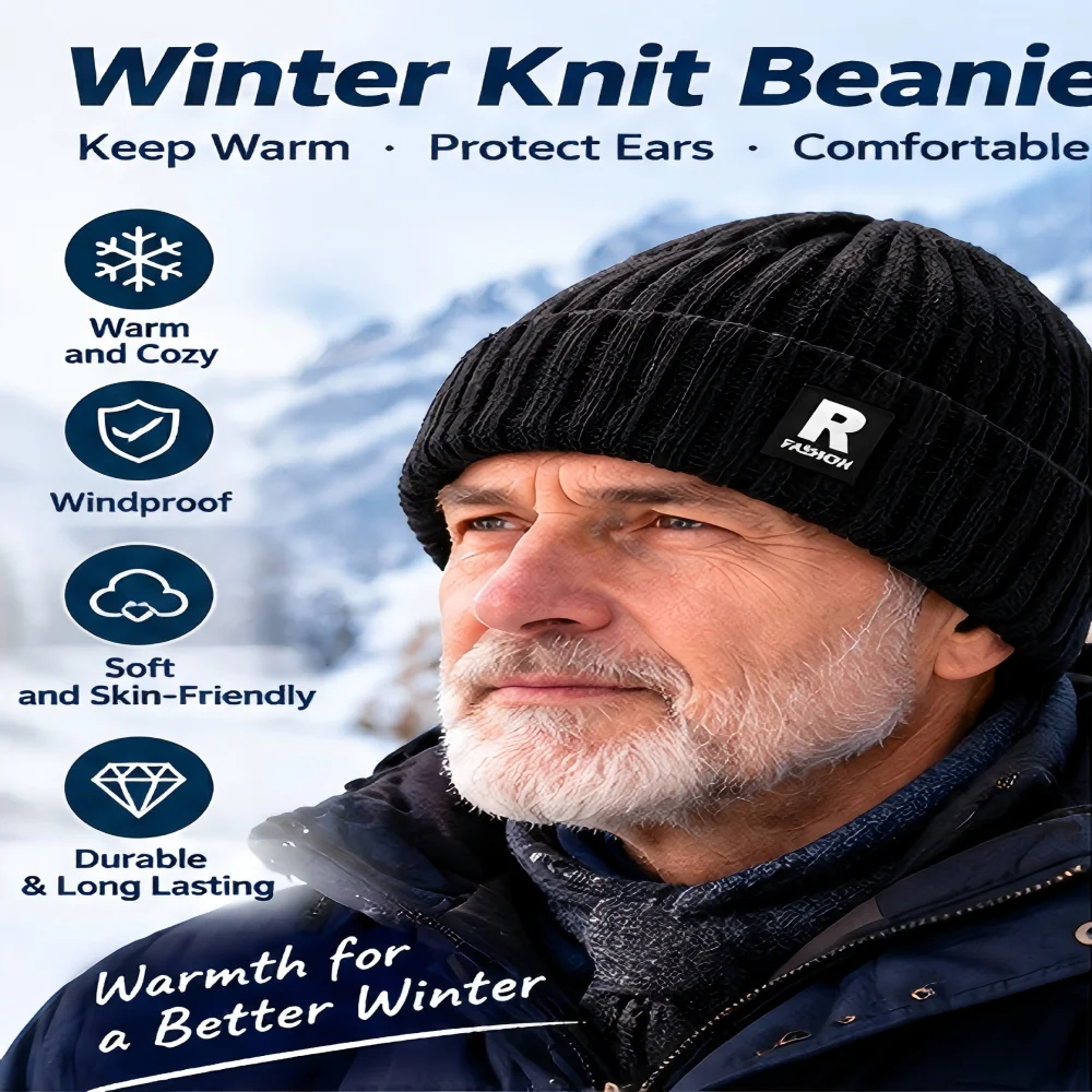 Men's Winter Knit Beanie Hat Thick Warm Ribbed Cuffed Cap for Elderly Men Dad and Grandpa Cold Weather Headwear