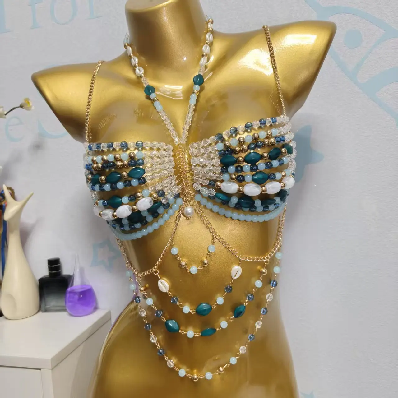 Dark Green Acrylic Handmade Bead Chest Chain Women'S Multi-Layer Bead Decoration Body Chain Beach Sexy Chest Decoration