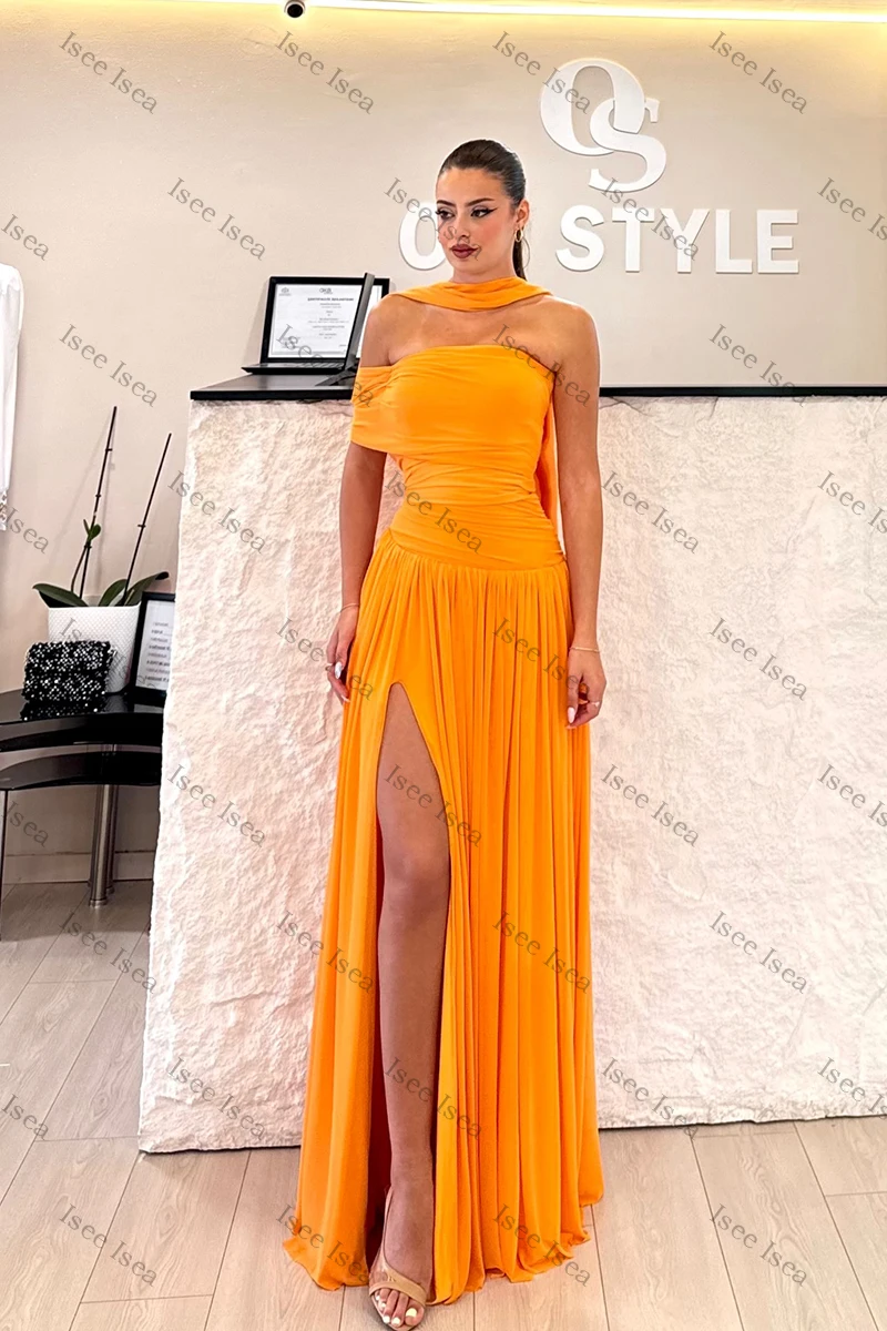Orange Neue Abendkleider Abendkleid mit Strasssteinen فسات Mohamed Museum One-Shoulder-Kleid mit hohem Schlitz für Hochzeitsgäste Maßgeschneidert