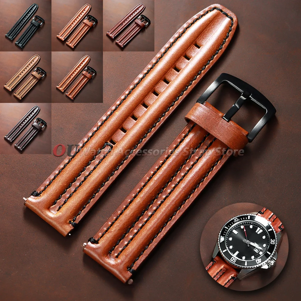 Bracelet en cuir de vache véritable rétro, 20mm, 22mm, 24mm, pour Omega, Seiko, Panerai, Bracelet en cuir Vintage pour hommes