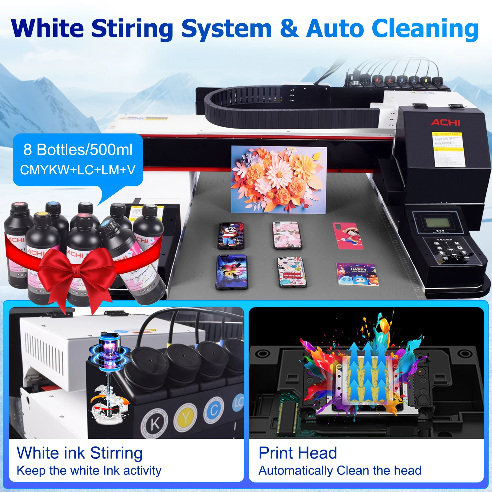 ACHI 6090 UV Printer with XP600*3 Printhead LED Flatbed Atolabelling UV Printer for Mobile Phone Case Leather Cards CD Crystal