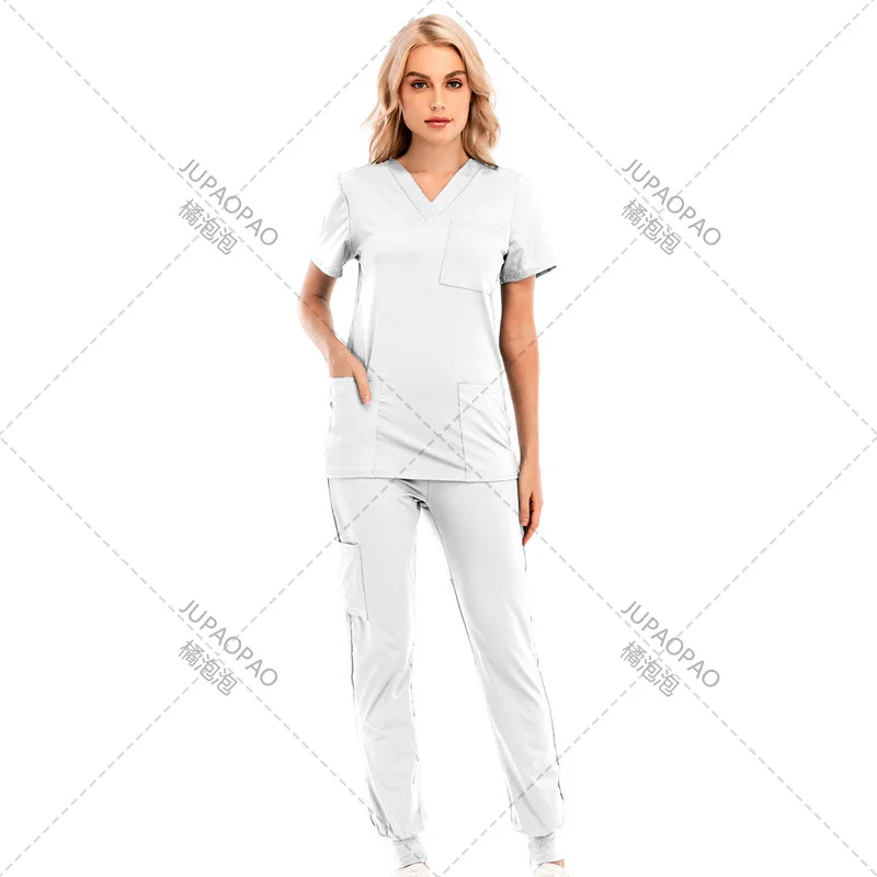 Uniforme de enfermería con cuello en V para mujer, ropa de trabajo de manga corta con bolsillo, sólido, ligero, transpirable, Tops, pantalones, traje de trabajo suave, nuevo