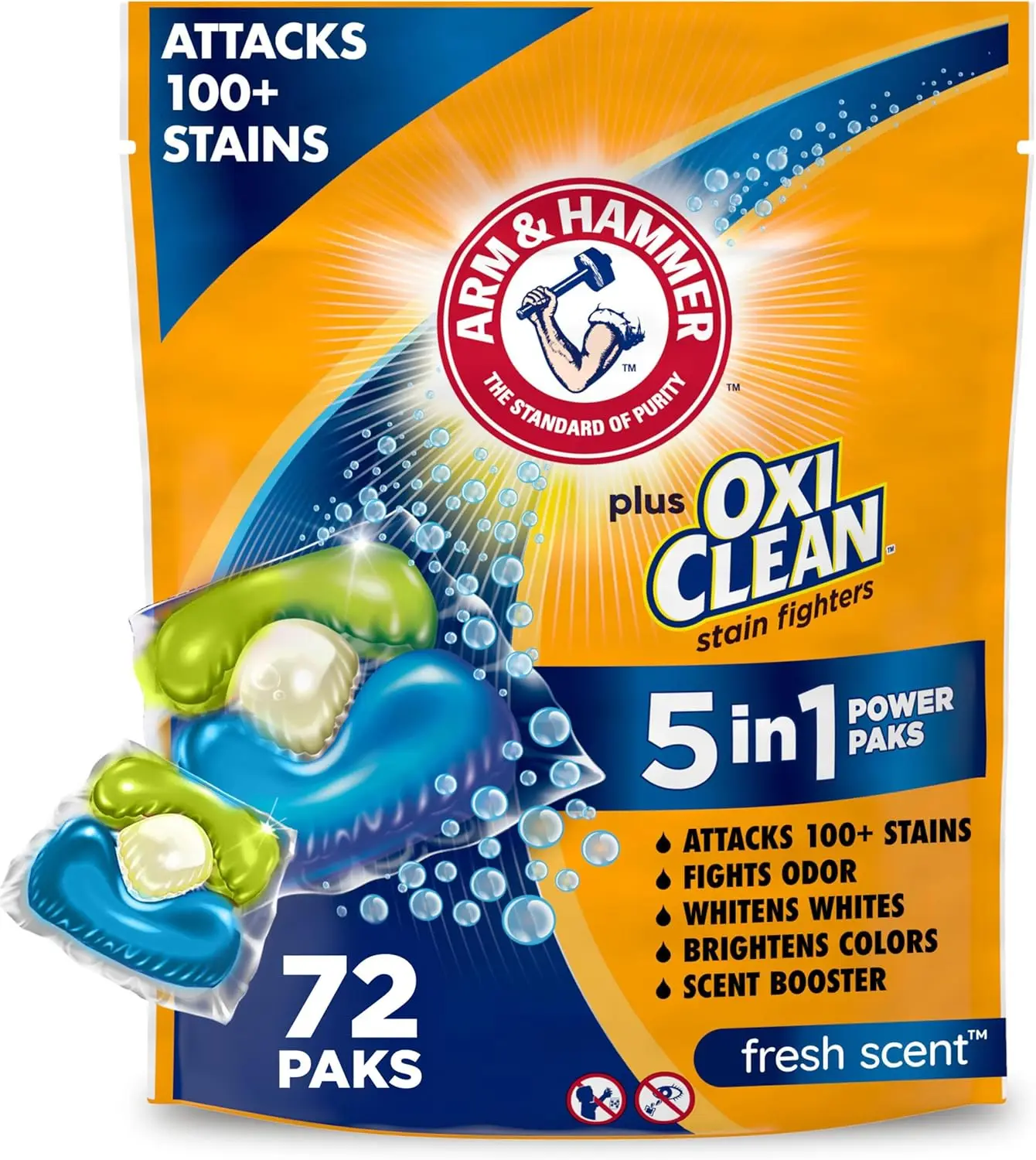 

5-in-1 Laundry Detergent Power Paks, Fresh Scent, 72 Count - Removes Stains & Odors