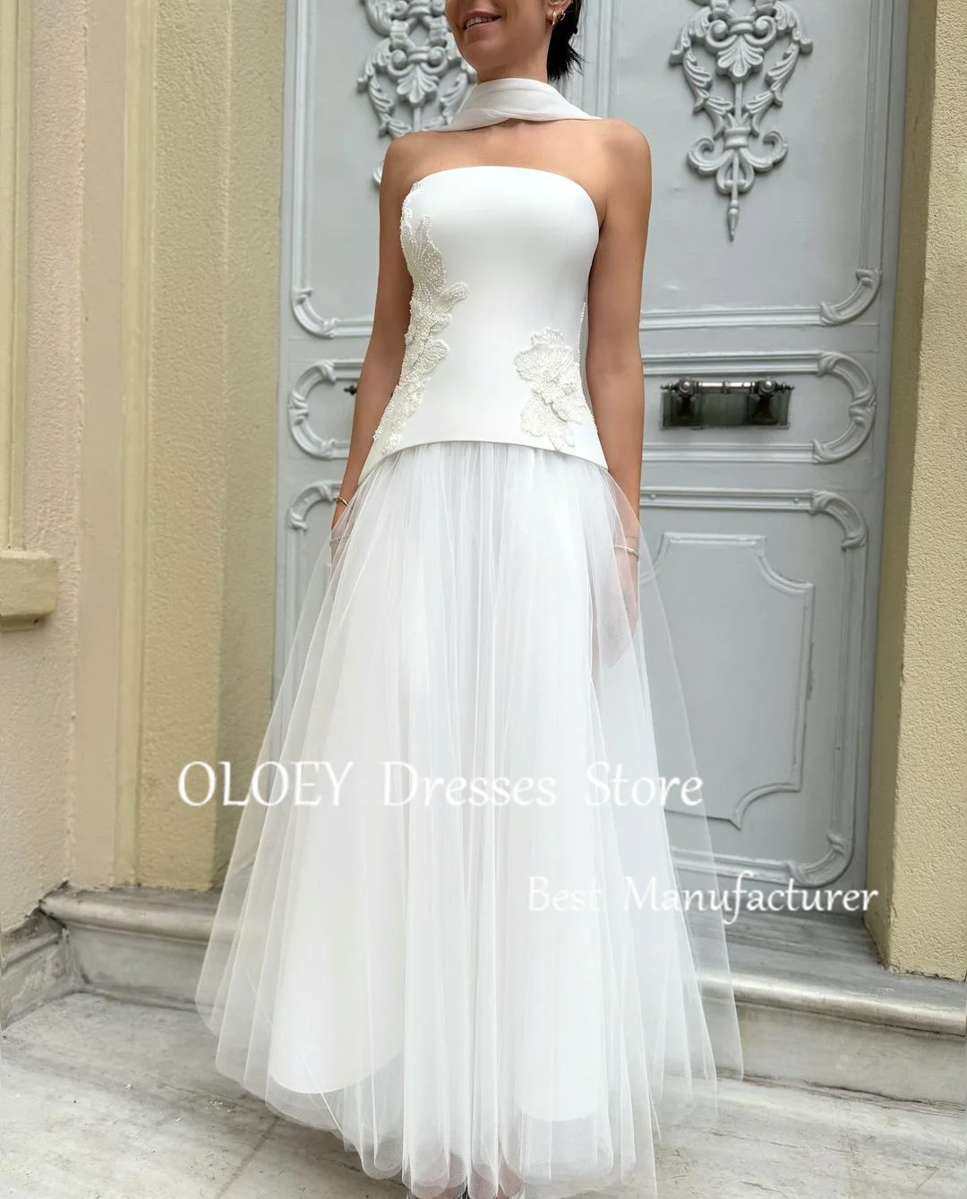 OLOEY Modest Ivory A Line Wedding Dress Beads Flowers Bridal Gown With Cape Satin Tulle Floor Length Customized Formal Gown