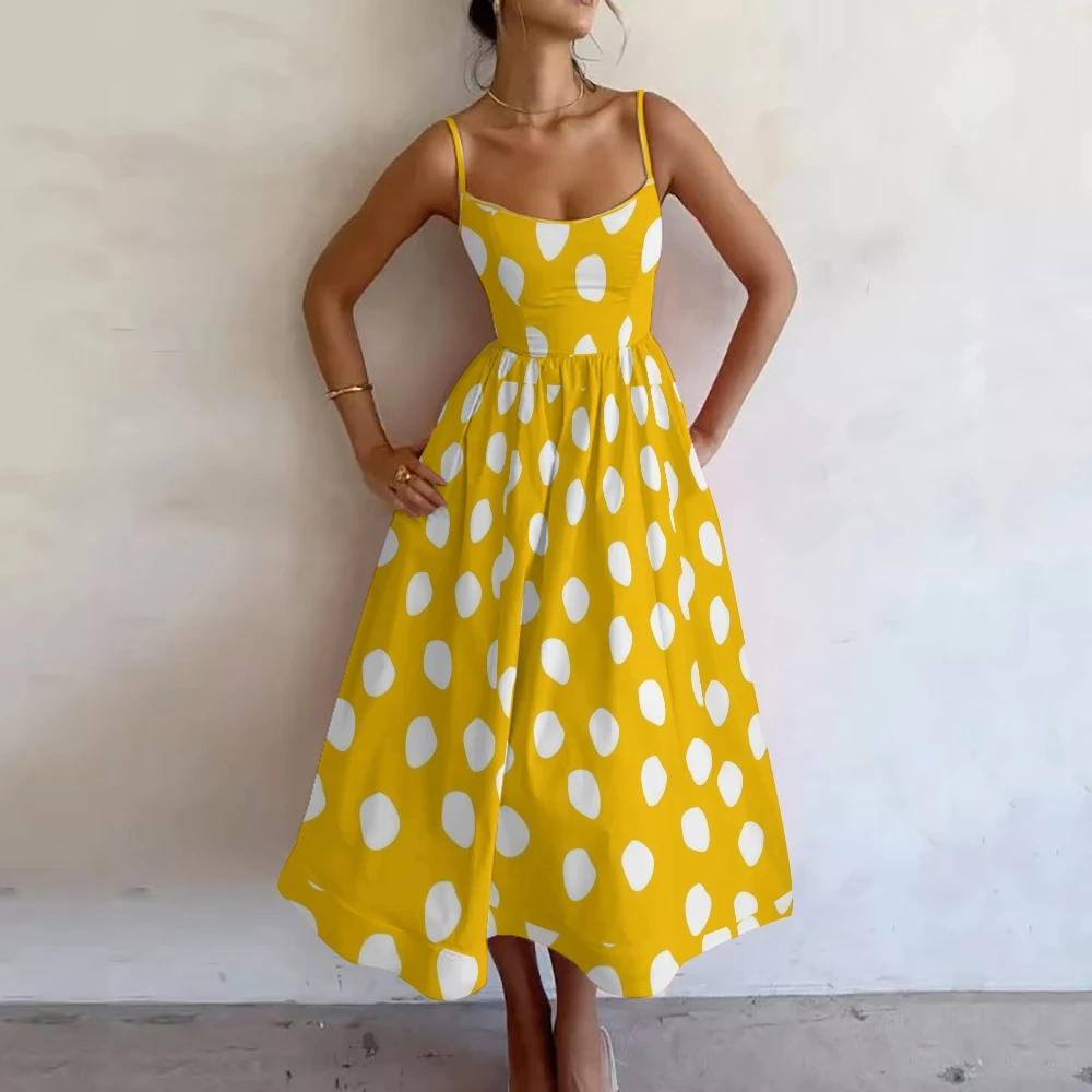 

Dot Print Yellow Women's One-Piece Long Skirt Flower Printed Fashion Slip Dress Party Outfit Sexy Puffy Hem Summer Hot Selling