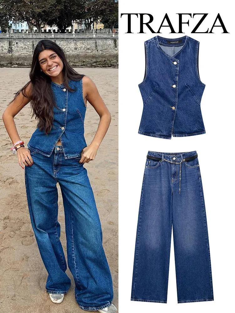 TRAFZA 2024 Summer Denim Trousers Suits For Women Sleeveless Cropped Vest Top + Wild Basic Female Wide Leg Long Pant Trendy