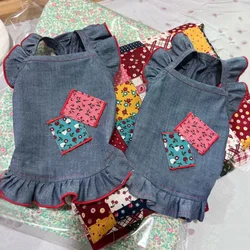 Dog Clothing Summer Thin Denim Dress Cute Little Fly Sleeve Lace Vest Teddy Yorkshire Dress Clothes Dog Dresses Puppy Clothes