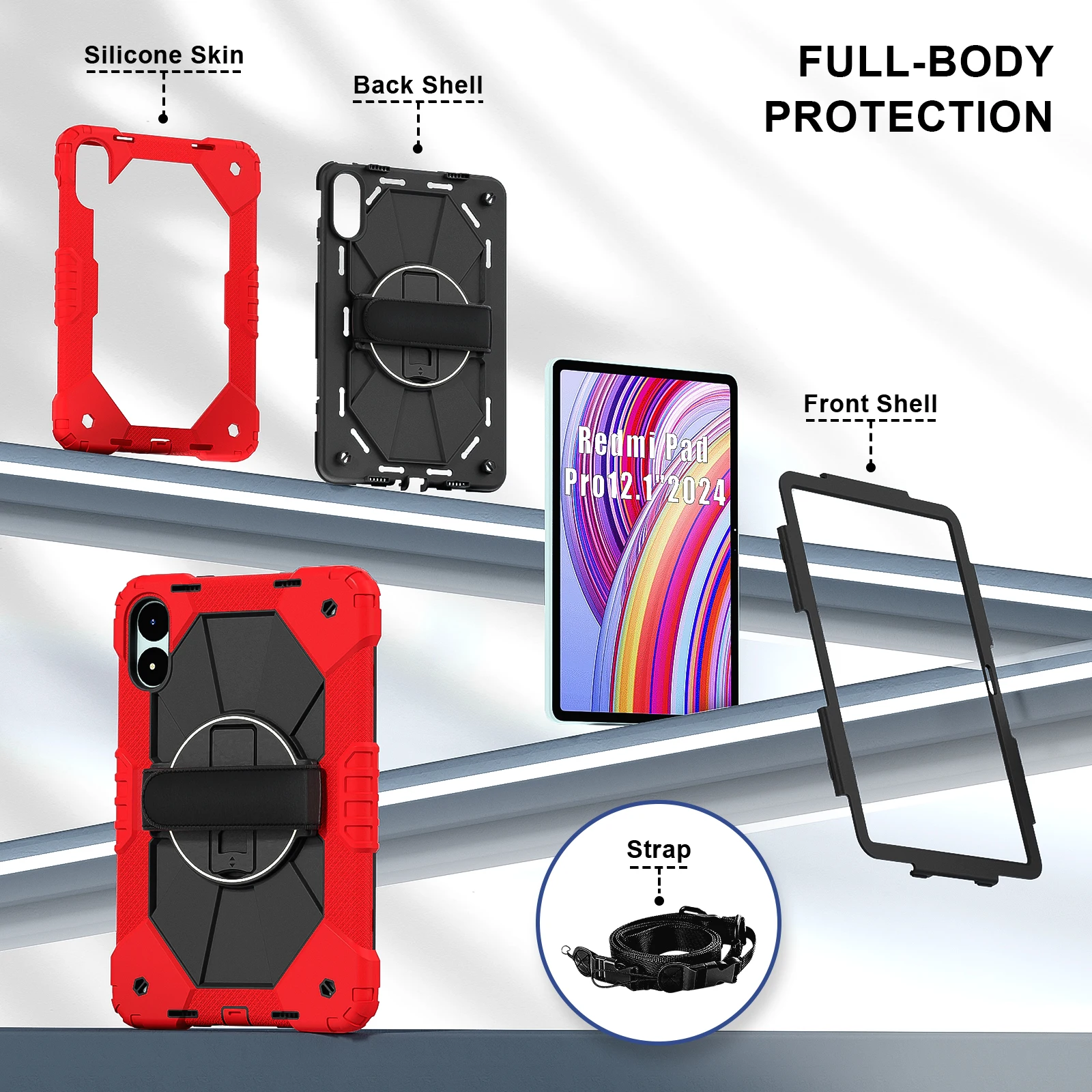 Rotating Stand Case Universal For Redmi Pad Pro Xiaomi Poco Pad 2024 12.1 inch 2405CRPFDC 2405CPCFBG Hybrid Cover Shoulder Strap