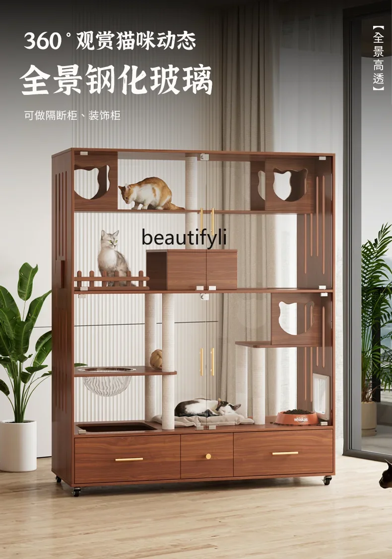 Solid Wood Cat Villa Nest with Toilet Integrated Home Indoor Luxury Panoramic Cabinet Cat Cage High-End Super Large