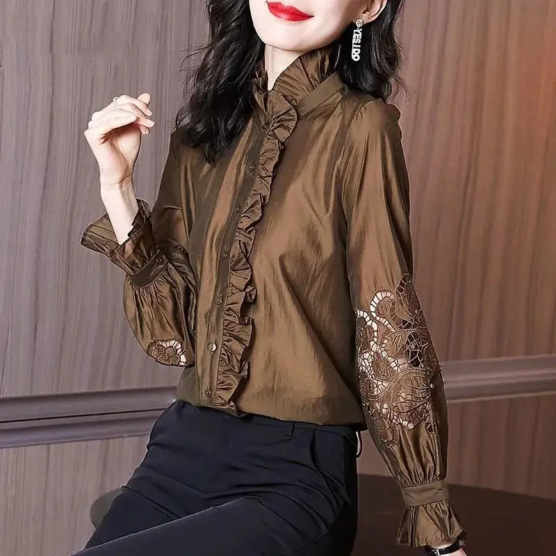 Elegant Female Vintage Ruffles Spliced Shirt Hollow Out Long Sleeve Stylish Stand Collar Solid All-match Blouse Women\'s Clothing