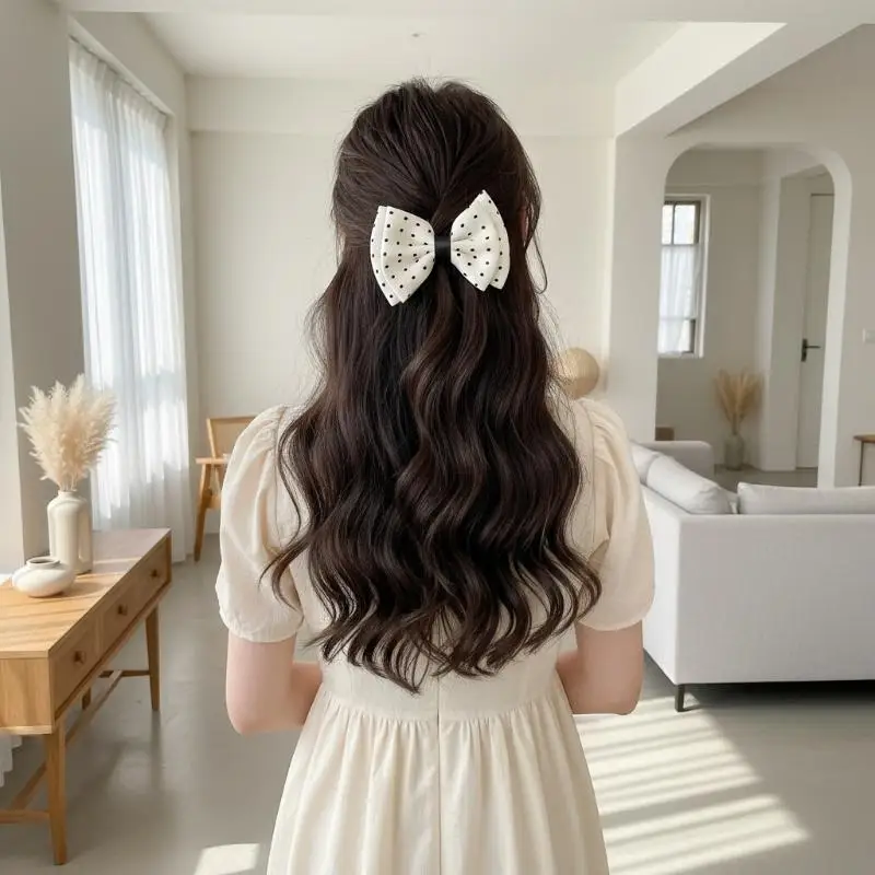 Cute Polka Dot Bow Reverse Hair Comb Small Portable Size Broken Hair Fixer for Women Makeup Skincare Hair Accessory