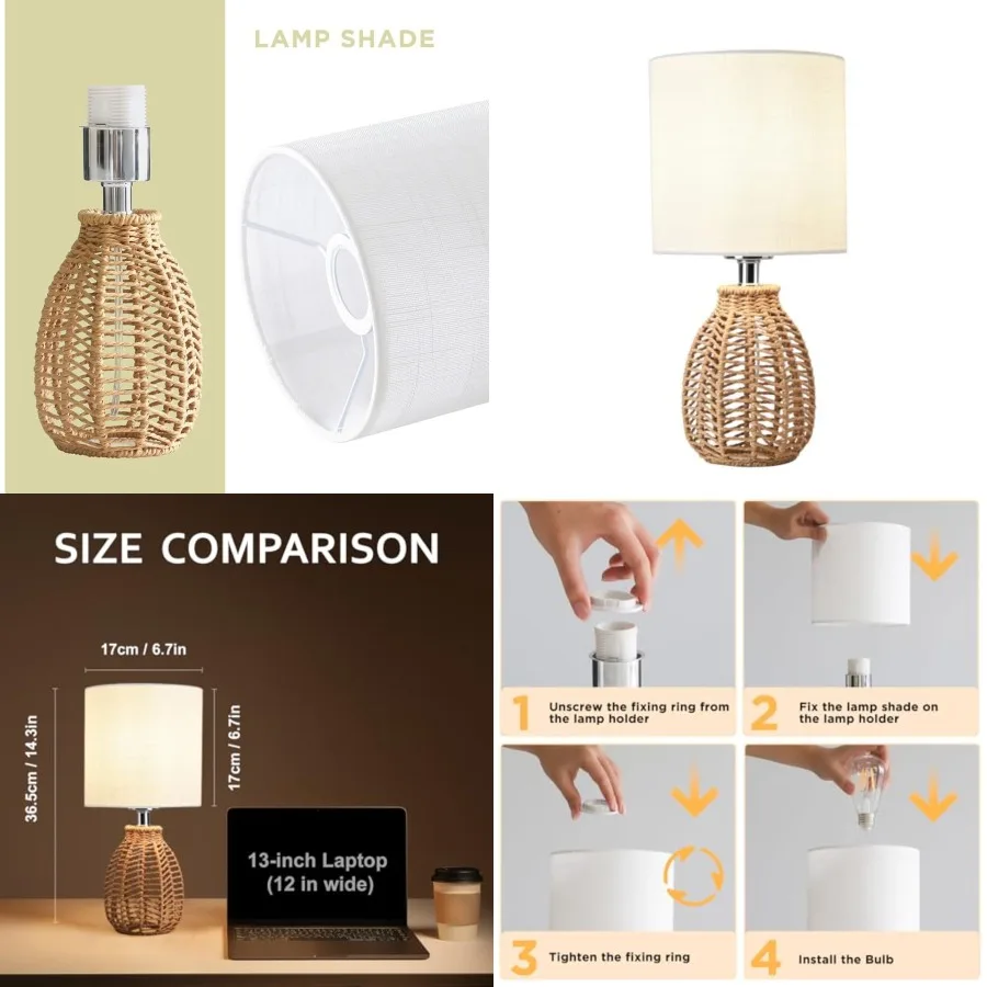 

Rattan Table Lamp, Small Nightstand Lamp with Linen Fabric Lampshade, Desk Lamp Bedside Lamp for Living Room Home Office, Witho